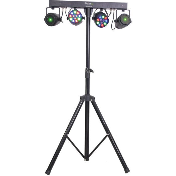 LICHT STANDAARD MET 2 RGBW PAR CANS + 2 ROOD-GROENE LASER