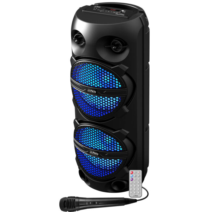 LUIDSPREKERBOX MET ACCU 2 x 8"/20cm 300W MET BLUETOOTH, USB, MICRO SD, FM, TWS, MICROFOON, AFSTANDSBEDIENING & LICHTEFFECT