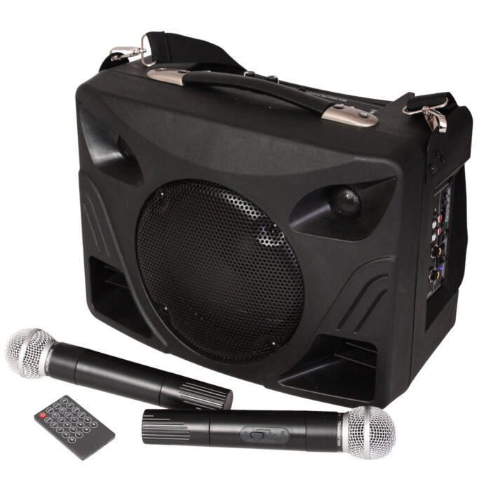 DRAAGBARE GELUIDSSET MET ACCU, USB MP3/SD, 2 UHF MICROFOONS & BLUETOOTH