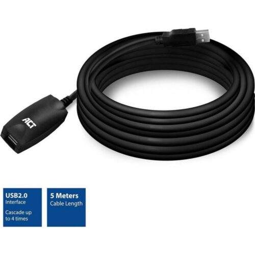 ACT AC6005 | USB 2.0 Signaalversterker | USB-A naar USB-A | 5m | Zwart