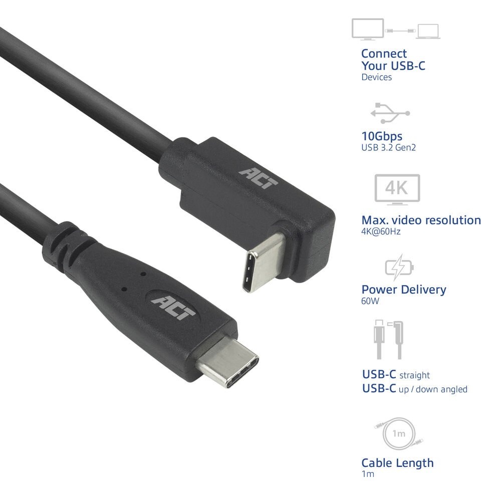 ACT AC7471 | USB 3.2 Gen 2 Kabel | USB-C (recht) naar USB-C (haaks boven/beneden) | 60W | 10Gbps | 1m | Zwart - Afbeelding 6