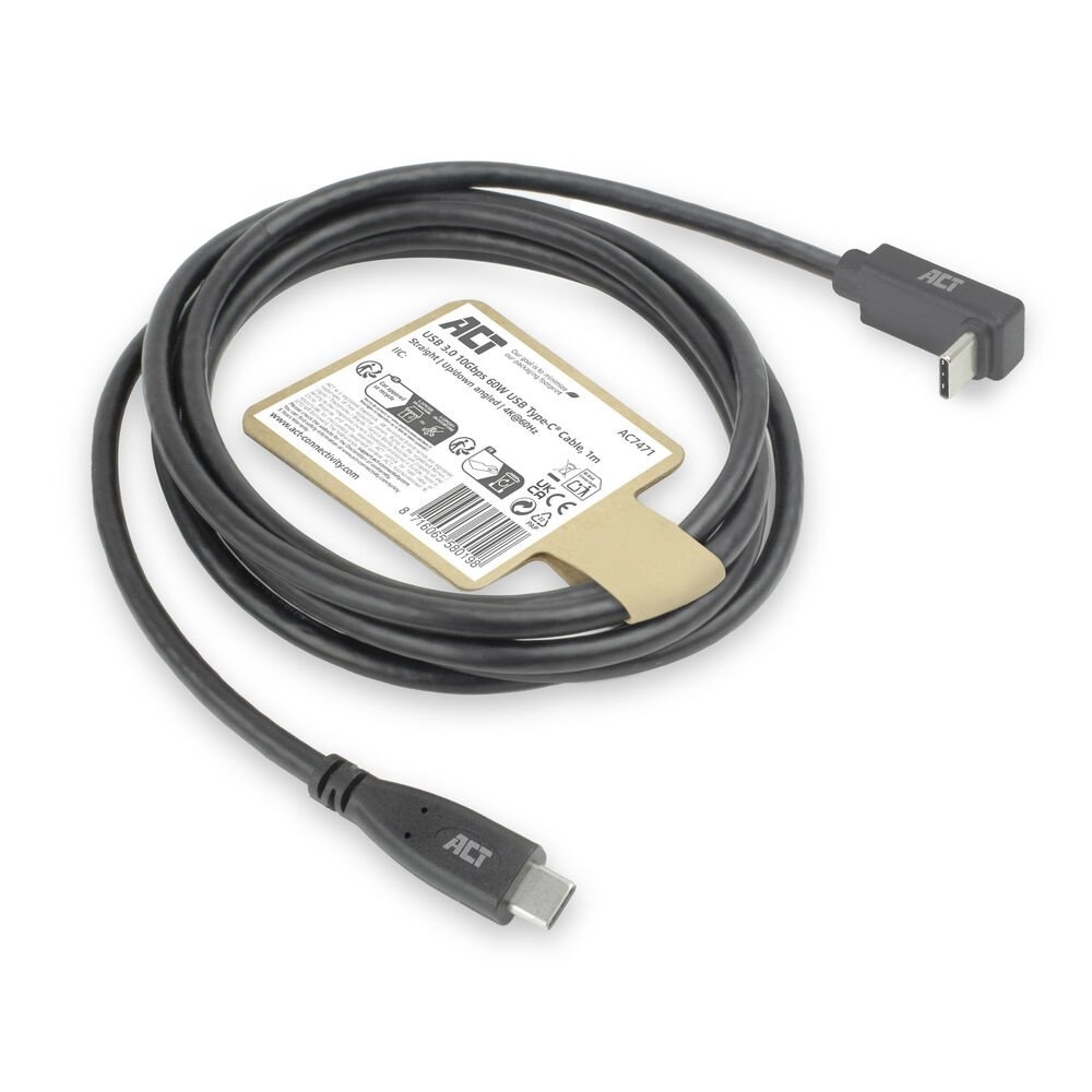 ACT AC7471 | USB 3.2 Gen 2 Kabel | USB-C (recht) naar USB-C (haaks boven/beneden) | 60W | 10Gbps | 1m | Zwart - Afbeelding 7