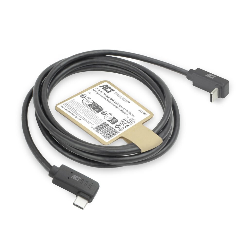 ACT AC7481 | USB 3.2 Gen 2 Kabel | USB-C (haaks links/rechts) naar USB-C (haaks boven/beneden) | 60W | 10Gbps | 1m | Zwart - Afbeelding 7