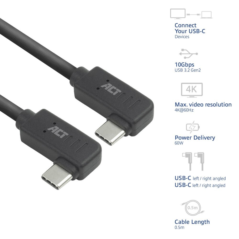 ACT AC7486 | USB 3.2 Gen 2 Kabel | USB-C (haaks links/rechts) naar USB-C (haaks links/rechts) | 60W | 10Gbps | 0,5m | Zwart - Afbeelding 3