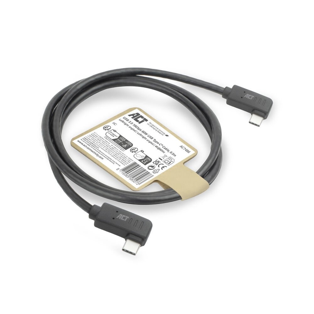ACT AC7486 | USB 3.2 Gen 2 Kabel | USB-C (haaks links/rechts) naar USB-C (haaks links/rechts) | 60W | 10Gbps | 0,5m | Zwart - Afbeelding 7