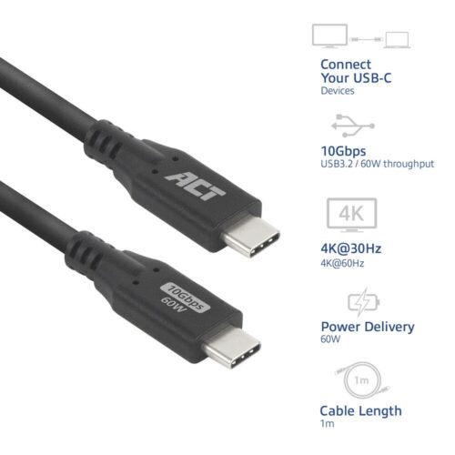 ACT | USB 3.0 Kabel | 10Gbps | 60W | USB-C naar USB-C | 1m | Zwart