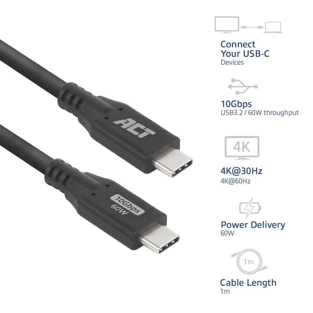 ACT | USB 3.0 Kabel | 10Gbps | 60W | USB-C naar USB-C | 1m | Zwart