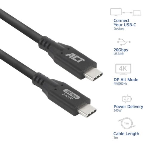 ACT | USB4 Kabel | 20Gbps | 240W | USB-C naar USB-C | 1m | Zwart