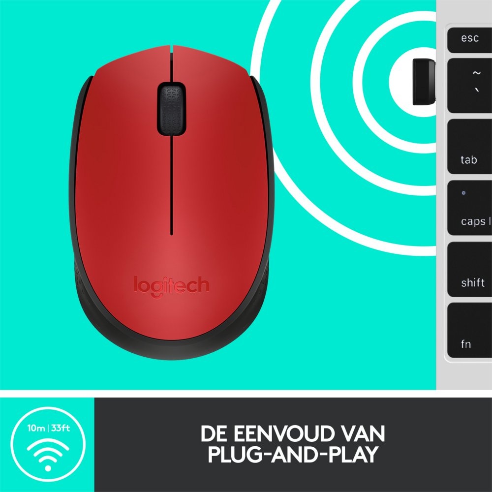 Logitech M171 | Draadloze Muis | Links- en Rechtshandig | RF | 1000 DPI | Rood/Zwart - Afbeelding 7