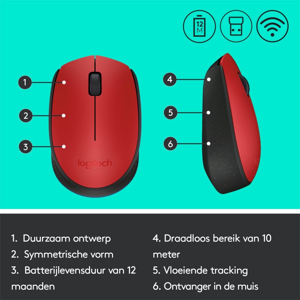 Logitech M171 | Draadloze Muis | Links- en Rechtshandig | RF | 1000 DPI | Rood/Zwart - Afbeelding 8