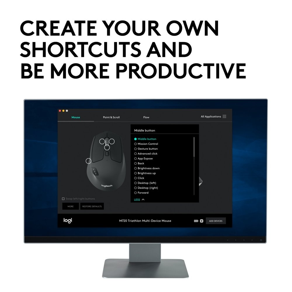 Logitech M720 Triathlon | Draadloze Muis | Rechtshandig | RF + Bluetooth | 1000 DPI | Zwart - Afbeelding 6