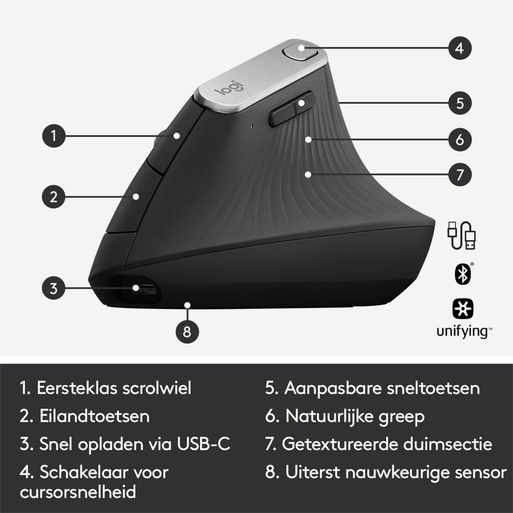 Logitech MX Vertical | Draadloze Ergonomische Muis | Rechtshandig | RF + Bluetooth + USB-C | 4000 DPI suggestie | Grafiet - Afbeelding 6