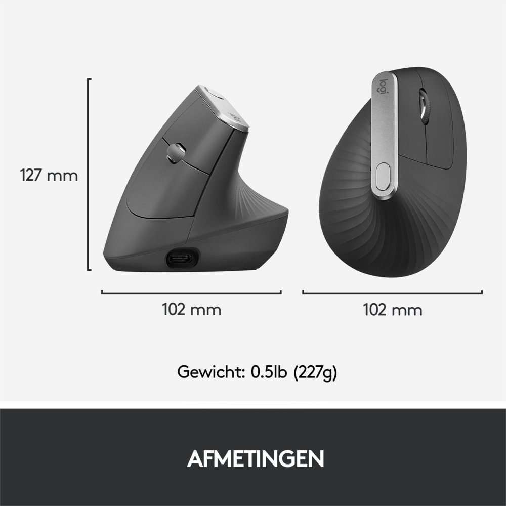 Logitech MX Vertical | Draadloze Ergonomische Muis | Rechtshandig | RF + Bluetooth + USB-C | 4000 DPI suggestie | Grafiet - Afbeelding 7