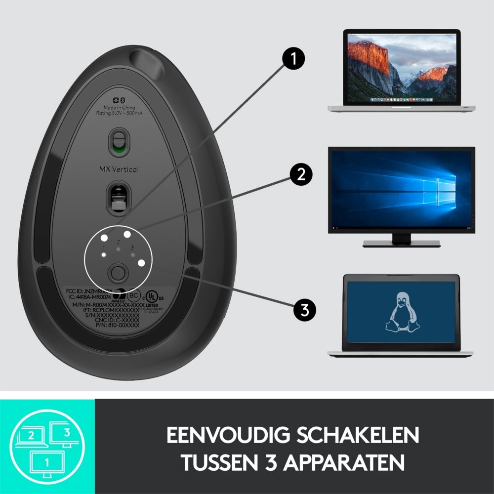 Logitech MX Vertical | Draadloze Ergonomische Muis | Rechtshandig | RF + Bluetooth + USB-C | 4000 DPI suggestie | Grafiet - Afbeelding 8