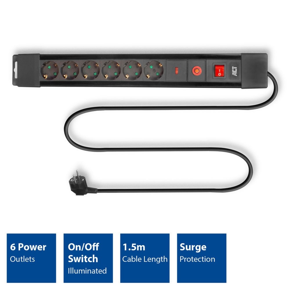 ACT AC2450 | Stekkerdoos met Overspanningsbeveiliging | 6 Stopcontacten | 1,5 m | Zwart - Afbeelding 2