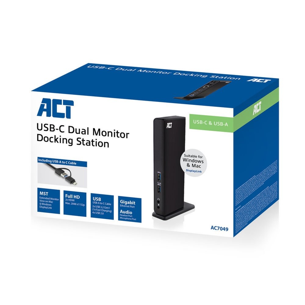 ACT AC7049 | USB-C/A Multiport Docking Station | 2x HDMI (2048x1152) + Ethernet + 6x USB + Audio | Zwart - Afbeelding 3