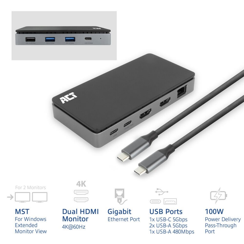 ACT AC7093 | USB-C 4K Docking Station | 2x HDMI + Ethernet + USB-C/USB-A + PD | 1m Kabel - Afbeelding 4