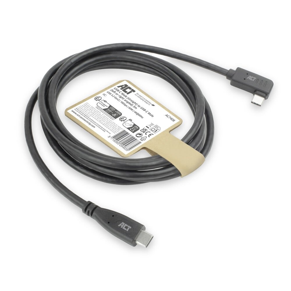 ACT AC7408 | USB 3.2 Gen 2 Kabel | USB-C (recht) naar USB-C (haaks links/rechts) | 60W | 10Gbps | 3m | Zwart - Afbeelding 7