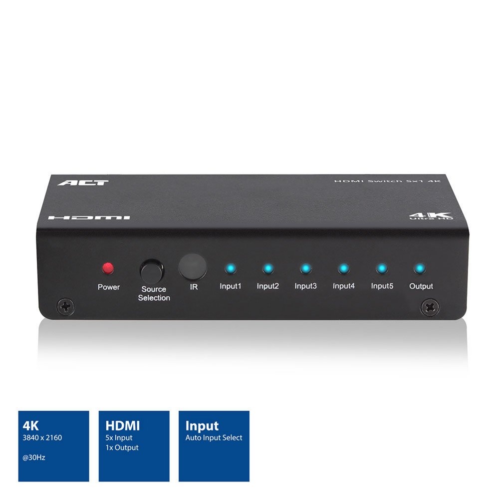 ACT AC7840 HDMI Switch | 5 Ingangen | 1 Uitgang | 4K @ 30Hz | Inclusief Afstandsbediening - Afbeelding 3