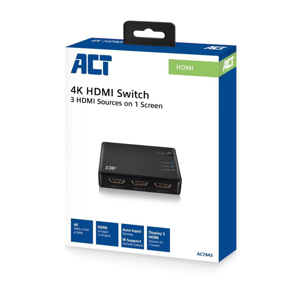 ACT AC7845 HDMI Switch | 3 Ingangen | 1 Uitgang | 4K @ 30Hz | Inclusief Afstandsbediening - Afbeelding 2