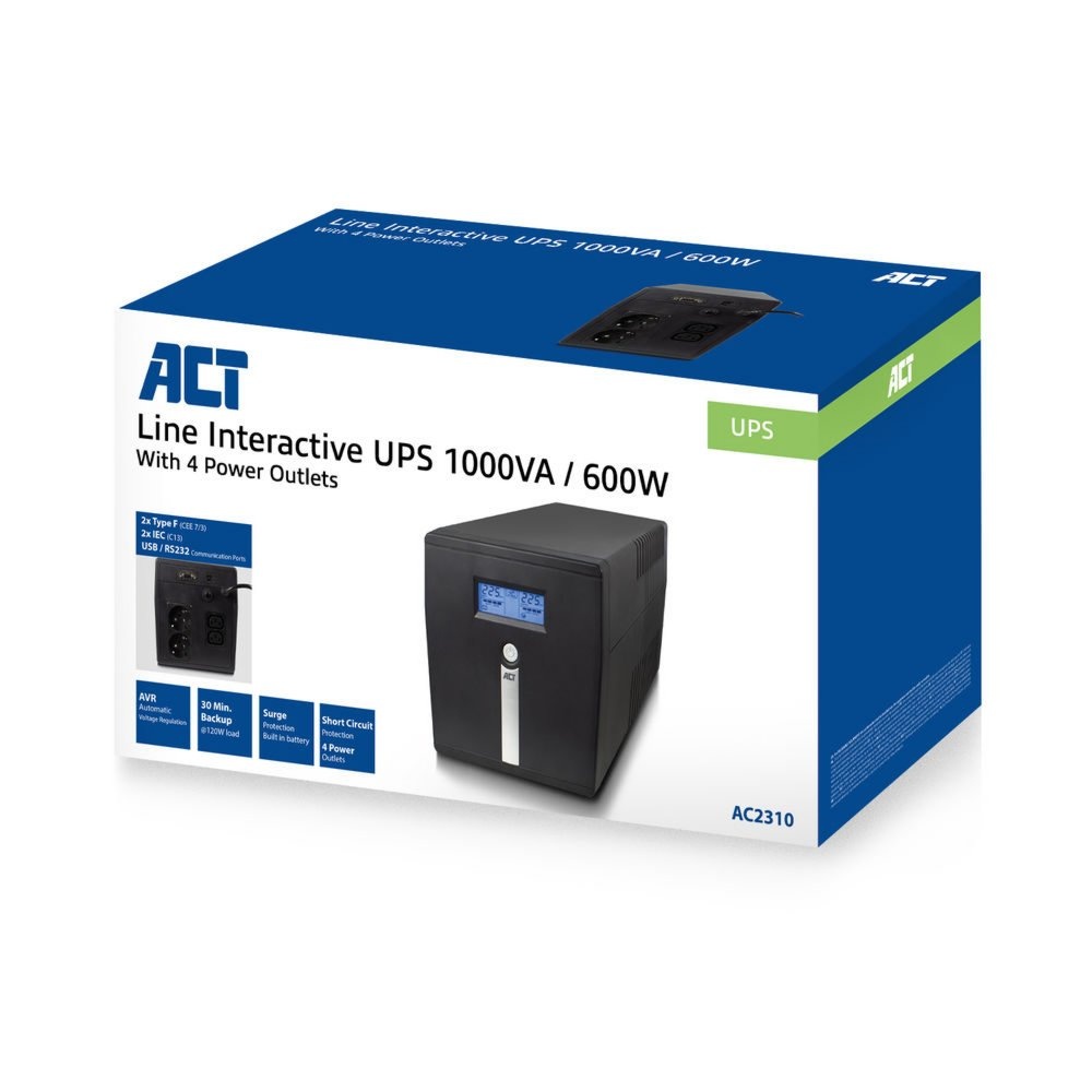 ACT Line-Interactive UPS AC2310 | 1000 VA Vermogen | 4 Uitgangen | Spanningstabilisatie met AVR | Beveiliging bij Netstoringen - Afbeelding 4