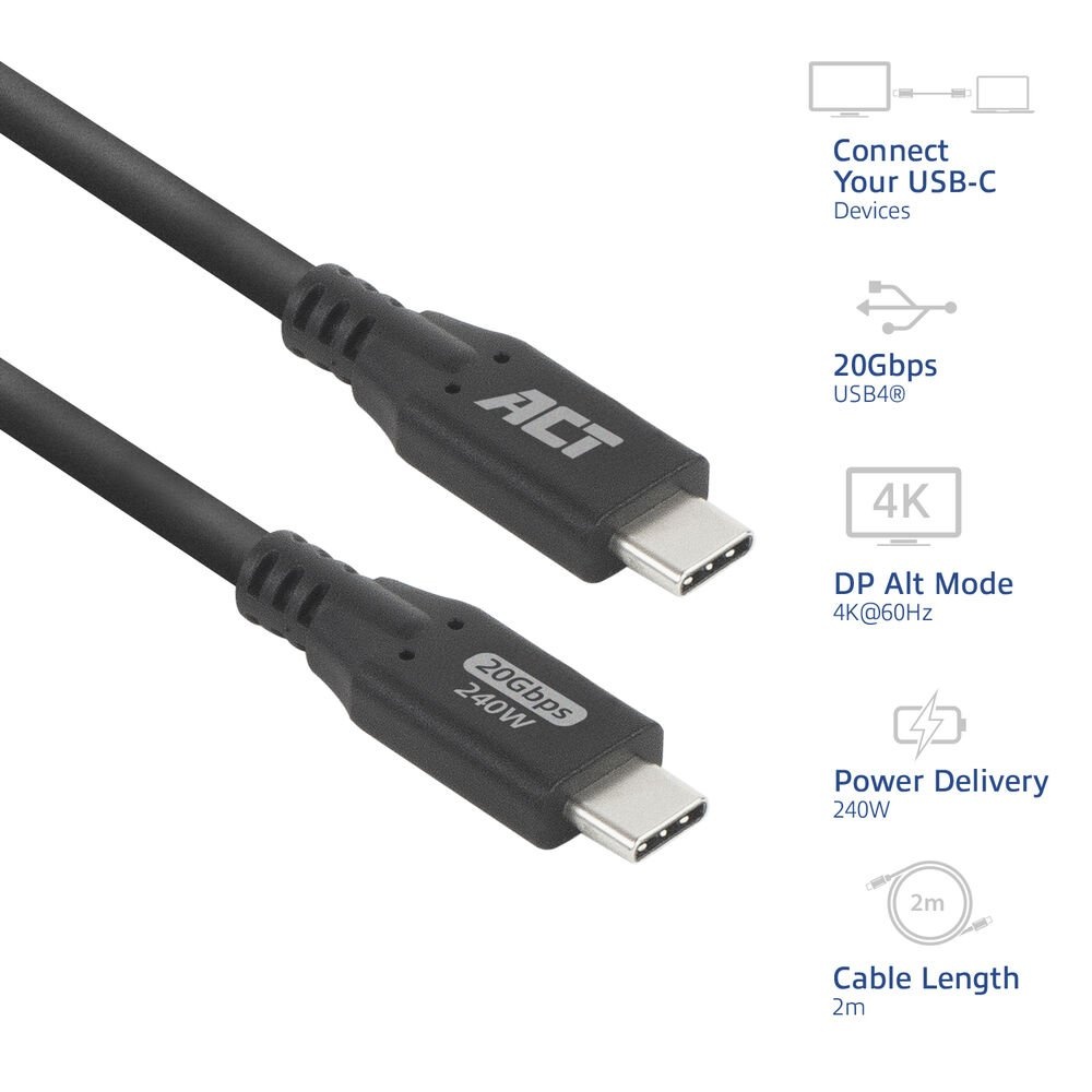 ACT | USB4 Kabel | 20Gbps | 240W | USB-C naar USB-C | 2m | Zwart