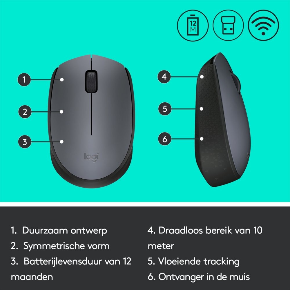 Logitech M170 | Draadloze Muis | Links- en Rechtshandig | RF | 1000 DPI | Grijs - Afbeelding 8