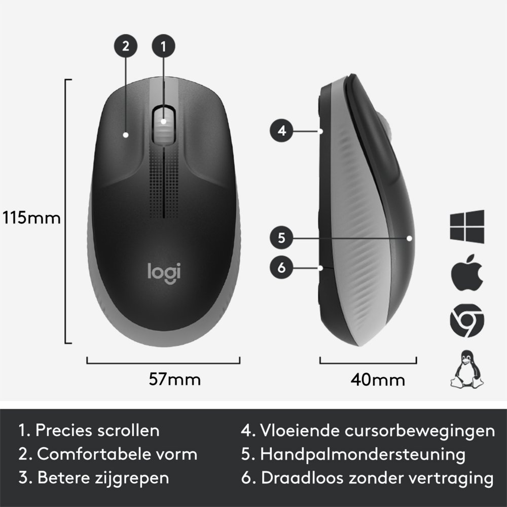 Logitech M190 | Draadloze Muis | Links- en Rechtshandig | RF | 1000 DPI | Grijs - Afbeelding 8