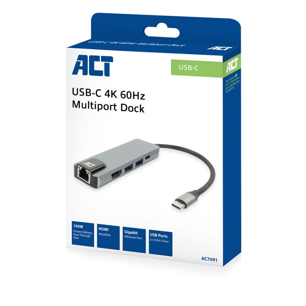ACT AC7091 | USB-C 4K Docking Station | HDMI 2.0 (4K@60 Hz) + Gigabit Ethernet + 2× USB-A + USB-C PD Pass-Through | Aluminium | Grijs/Zilver - Afbeelding 3
