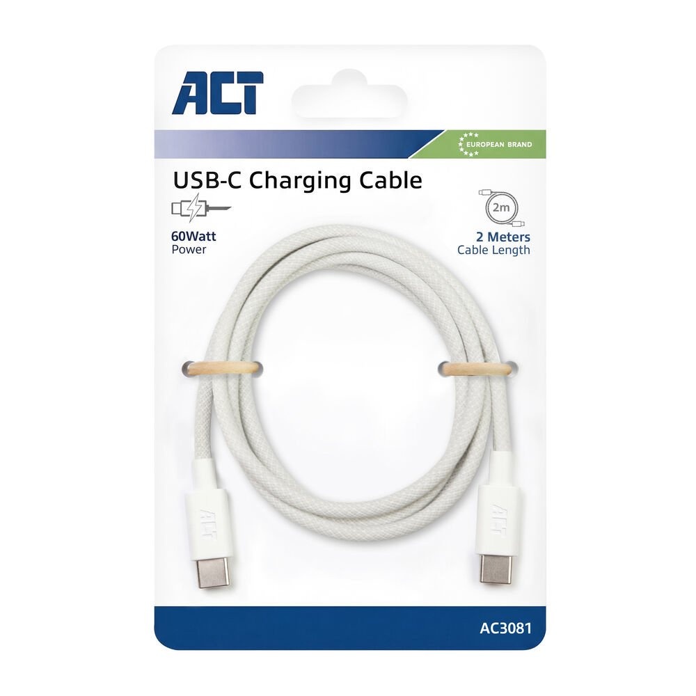 ACT AC3081 | USB 2.0 Kabel | USB-C naar USB-C | 60W | 480Mbps | Wit | 2 Meter - Afbeelding 2