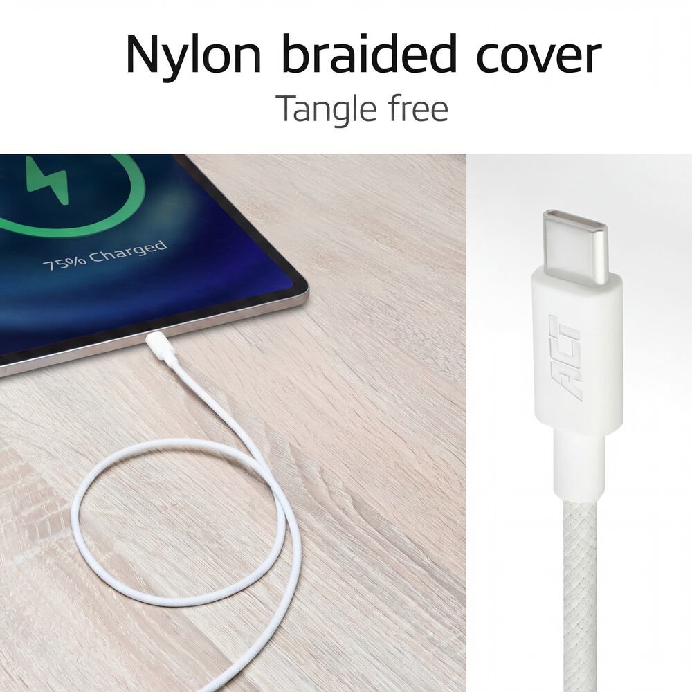 ACT AC3081 | USB 2.0 Kabel | USB-C naar USB-C | 60W | 480Mbps | Wit | 2 Meter - Afbeelding 3