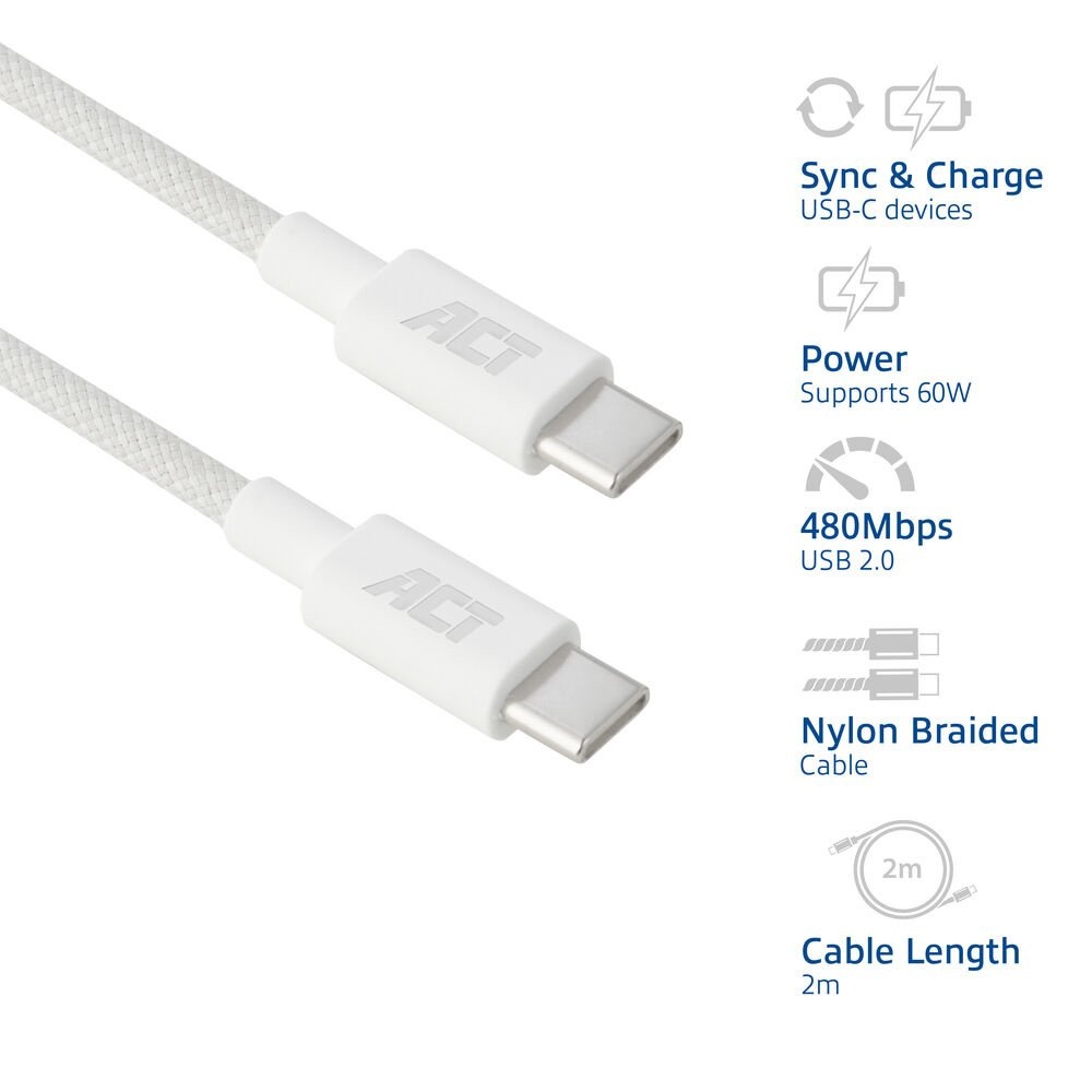 ACT AC3081 | USB 2.0 Kabel | USB-C naar USB-C | 60W | 480Mbps | Wit | 2 Meter - Afbeelding 5
