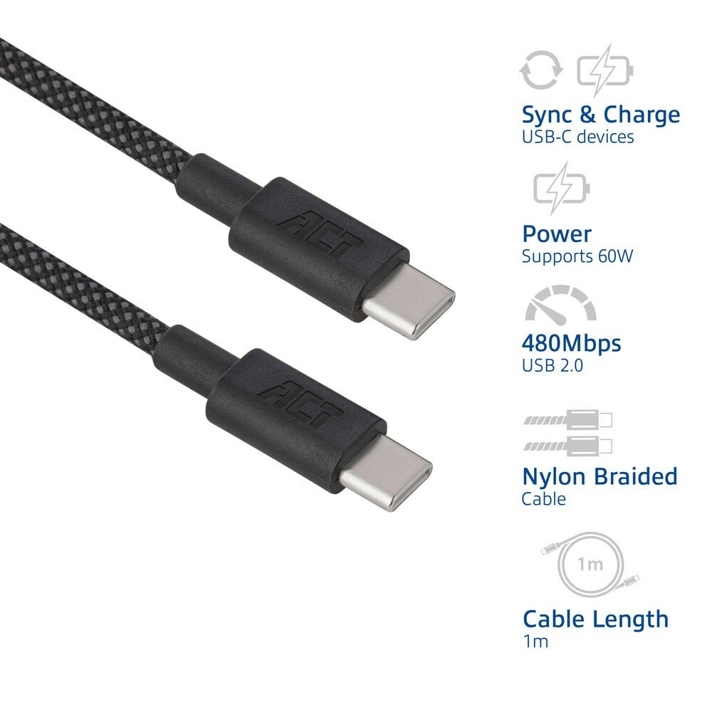 ACT AC3082 | USB 2.0 Kabel | USB-C naar USB-C | 60W | 480Mbps | Zwart | 1 Meter - Afbeelding 5