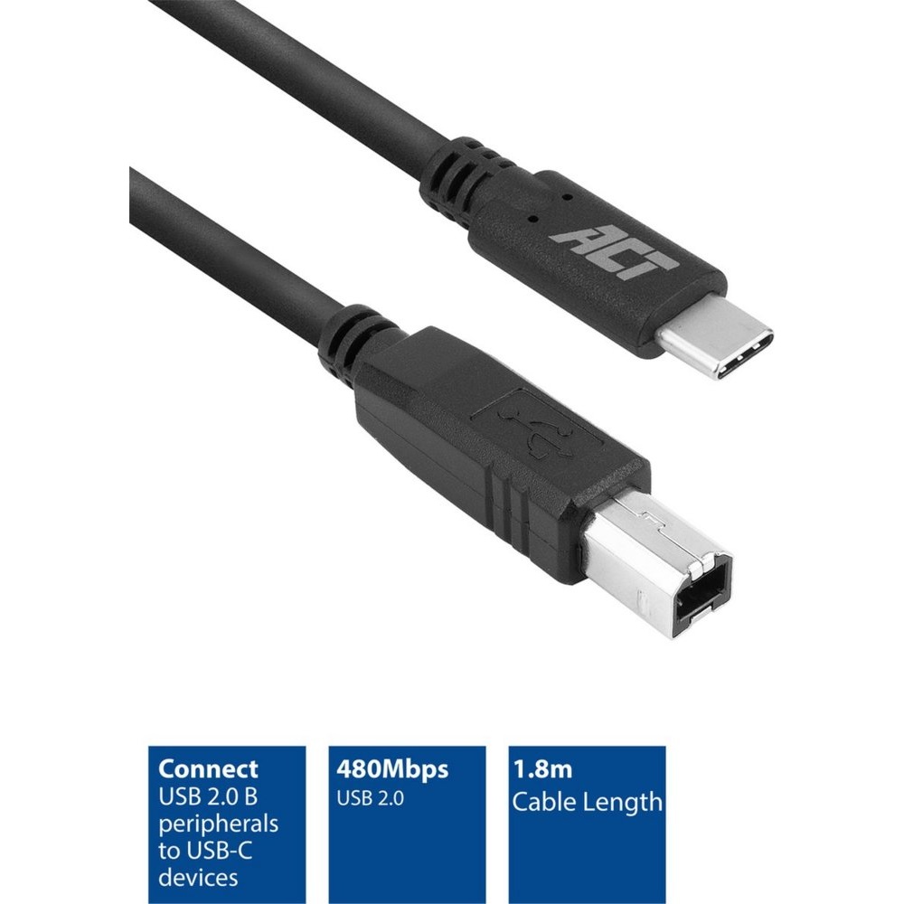ACT | USB 2.0 Kabel | USB-C naar USB-B | 1,8m | Zwart - Afbeelding 2