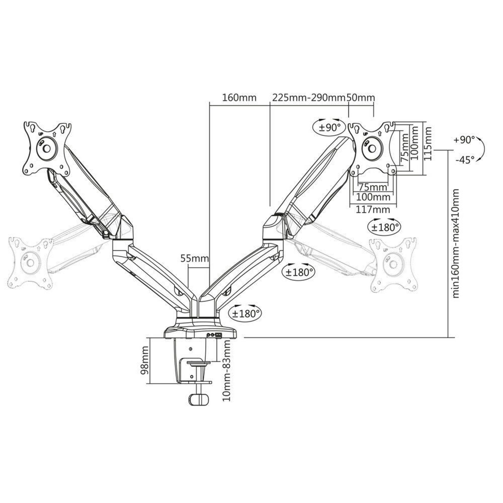 ACT AC8312 | Verstelbare Monitor-bureaubeugel | Tot 32" | Max 9kg | VESA 100x100 | 2 Monitoren - Afbeelding 5