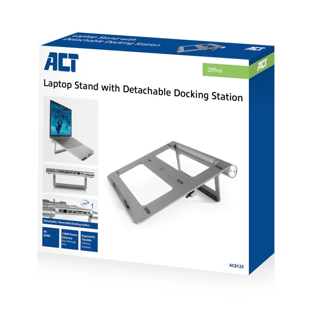 ACT AC8125 | Notebookstandaard 15.6" | Ingebouwde USB-C Docking Station | Grijs - Afbeelding 2
