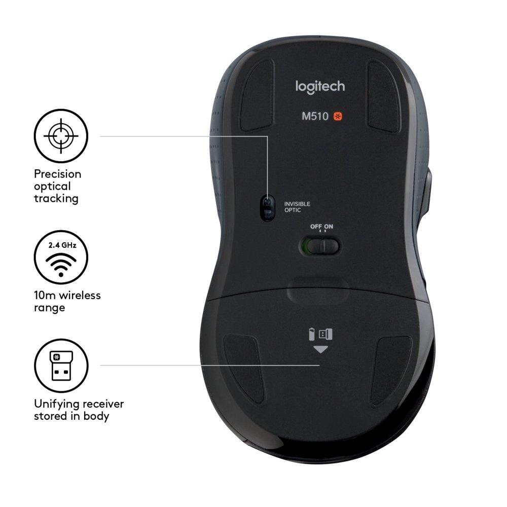 Logitech M510 | Draadloze Muis | Links- en Rechtshandig | RF | 1000 DPI | Zwart | Returned - Afbeelding 6