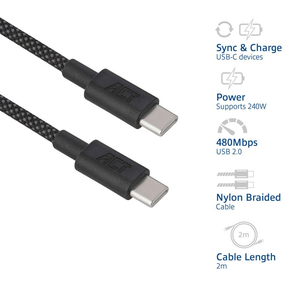 ACT AC3087 | USB 2.0 Kabel | USB-C naar USB-C | 240W | 480Mbps | Zwart | 2 Meter - Afbeelding 6