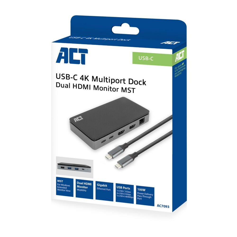ACT AC7093 | USB-C 4K Docking Station | 2x HDMI + Ethernet + USB-C/USB-A + PD | 1m Kabel - Afbeelding 3