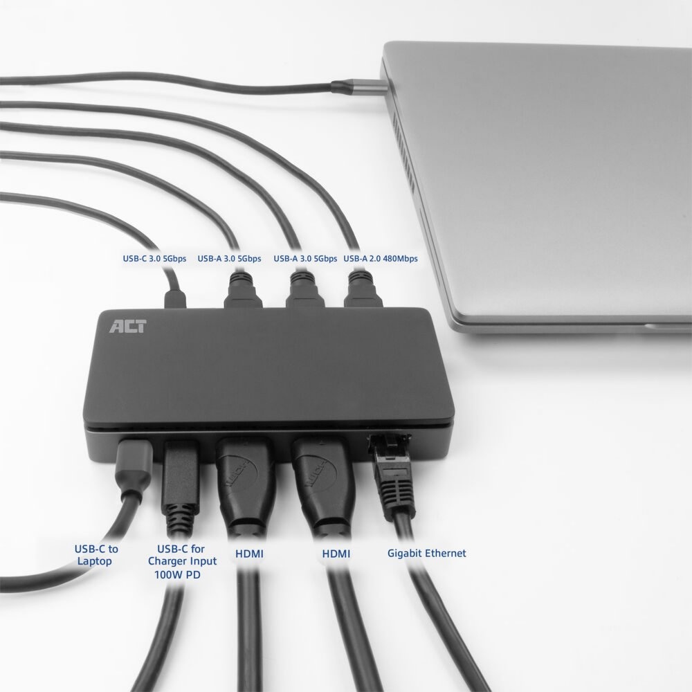 ACT AC7093 | USB-C 4K Docking Station | 2x HDMI + Ethernet + USB-C/USB-A + PD | 1m Kabel - Afbeelding 8