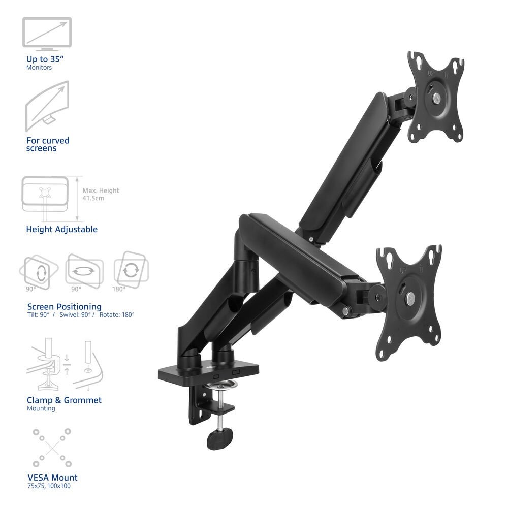 ACT AC8314 Monitorarm Essentials | Verstelbare Monitor-bureaubeugel | Tot 35" | Max 2x 9 kg | VESA 75x75 / 100x100 | 2 Monitoren | Gasveer | OPEN BOX - Afbeelding 3
