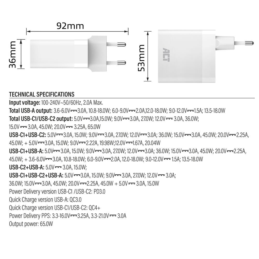 ACT AC2170 USB-C/USB-A Lader | 3-Poorts met PPS, QuickCharge & GaNFast | 65W - Afbeelding 5