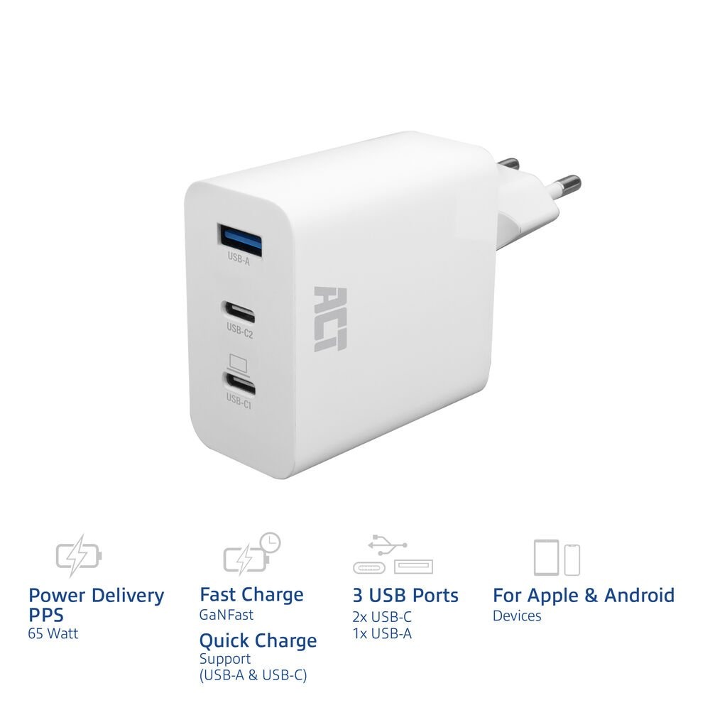 ACT AC2170 USB-C/USB-A Lader | 3-Poorts met PPS, QuickCharge & GaNFast | 65W - Afbeelding 6