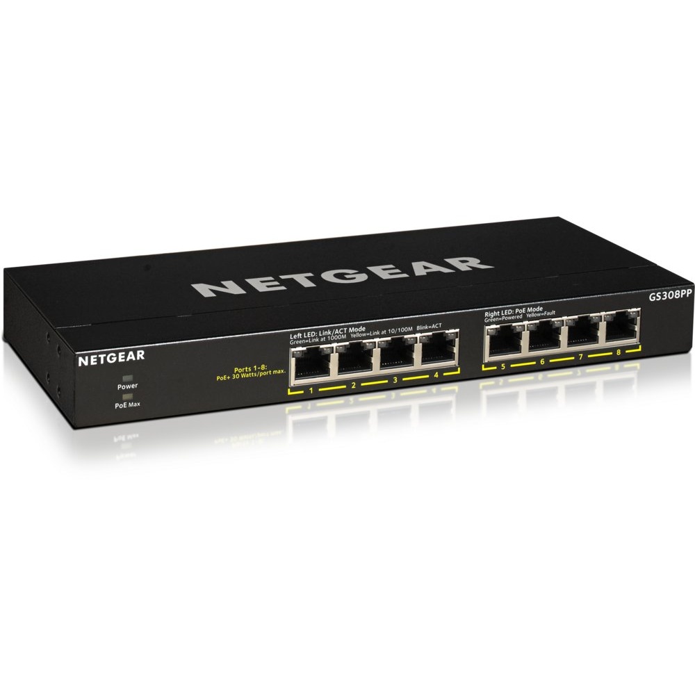 Netgear GS308PP-100EUS | Unmanaged Switch | 8 Poorten | Gigabit Ethernet (10/100/1000 Mbps) | PoE+ (83W) | FlexPoE | Zwart