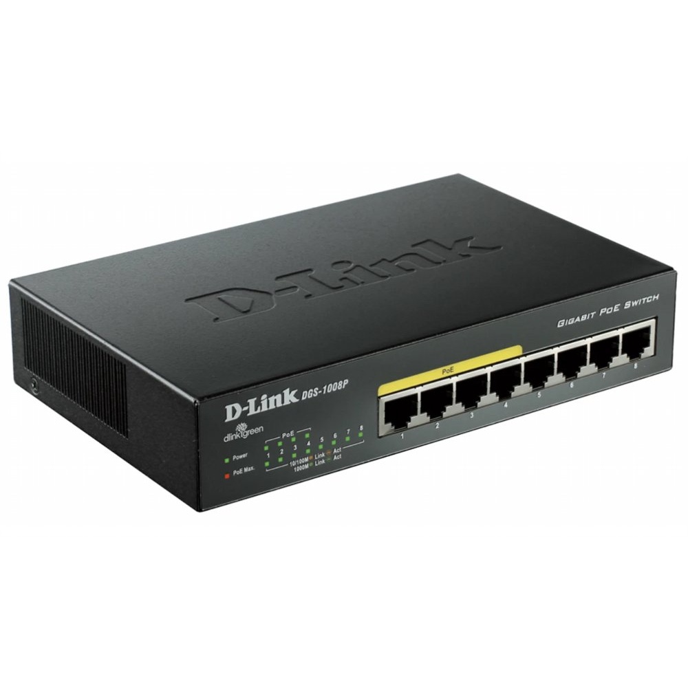 D-Link DGS-1008P/E | 8-Poorts Gigabit Switch | Unmanaged L2 | 4x PoE+ | Zwart