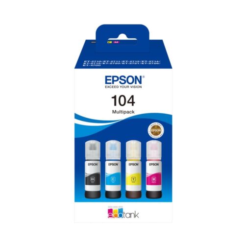 Epson 104 EcoTank Inktfles Multipack | Kleuren: Zwart, Cyaan, Magenta, Geel | Compatibel met Epson EcoTank-printers