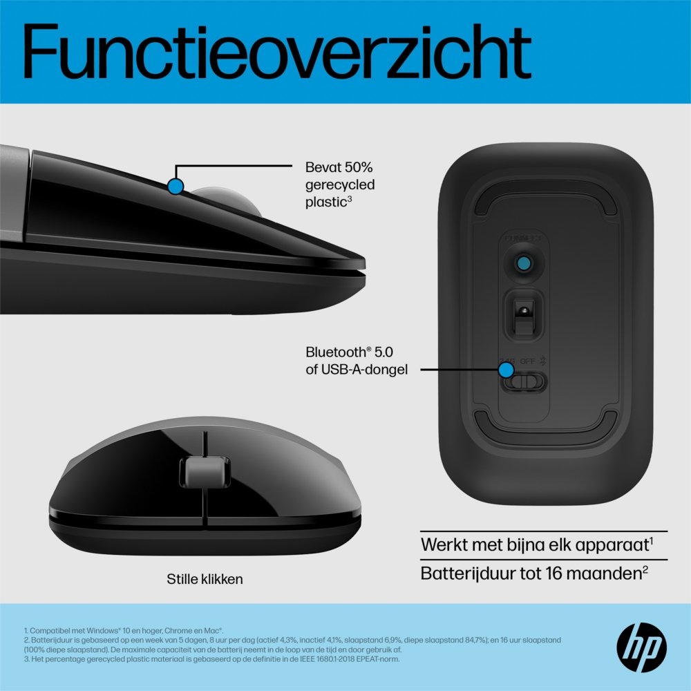 HP Z3700 Dual | Draadloze Muis | Links- en Rechtshandig | RF + Bluetooth | Zwart/Zilver - Afbeelding 5
