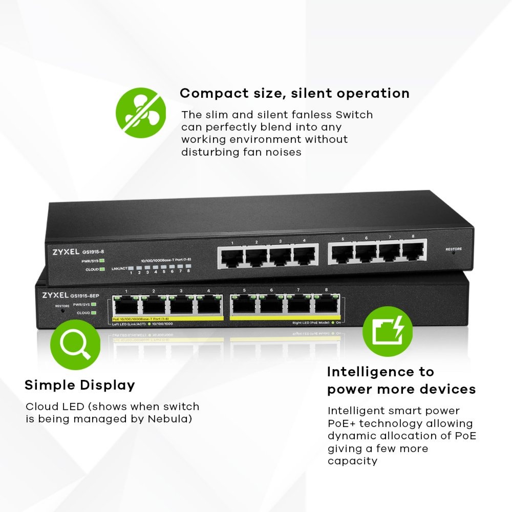 Zyxel GS1915-8EP Managed L2 Gigabit PoE+ Switch | 8 Poorten | NebulaFlex | Zwart - Afbeelding 3