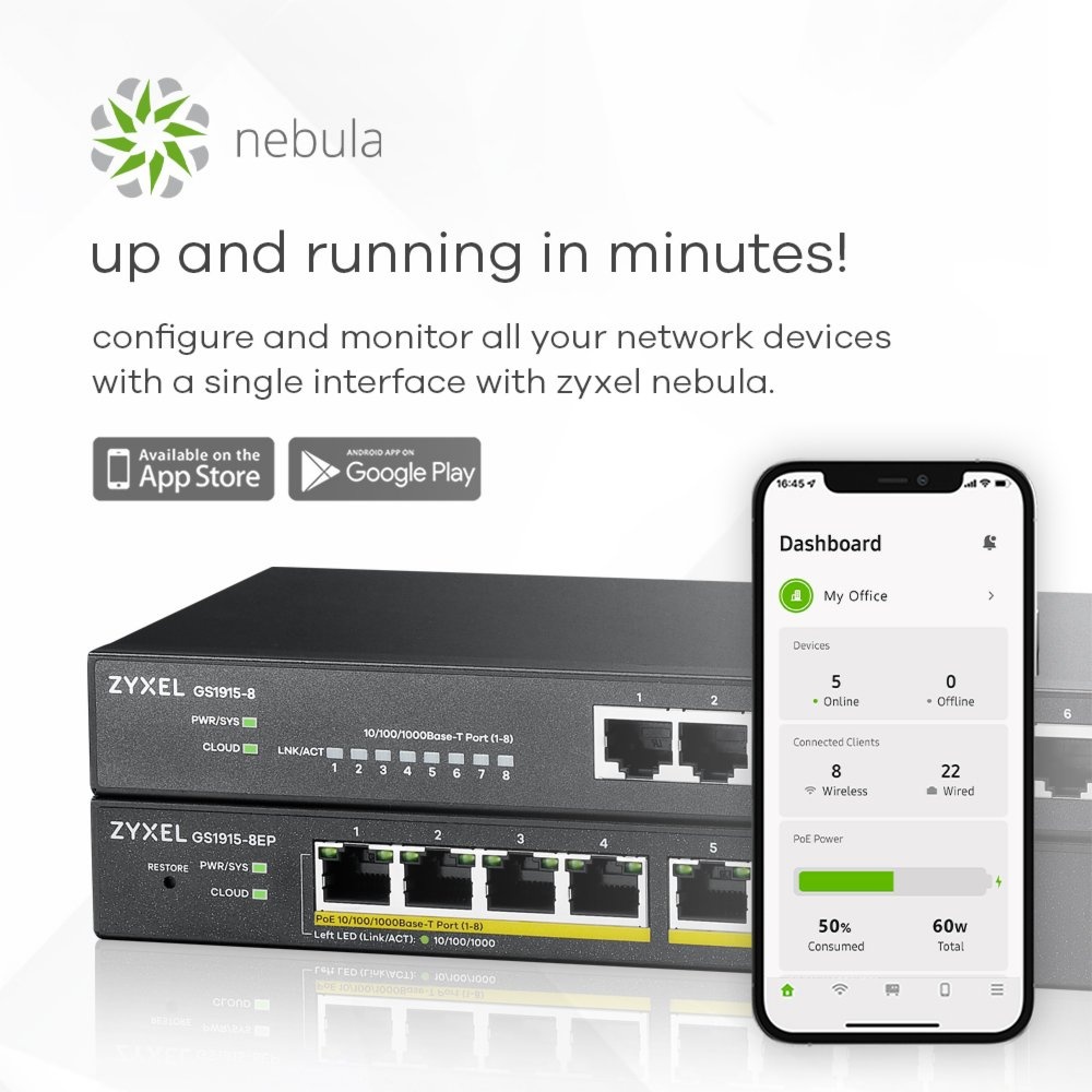 Zyxel GS1915-8EP Managed L2 Gigabit PoE+ Switch | 8 Poorten | NebulaFlex | Zwart - Afbeelding 5